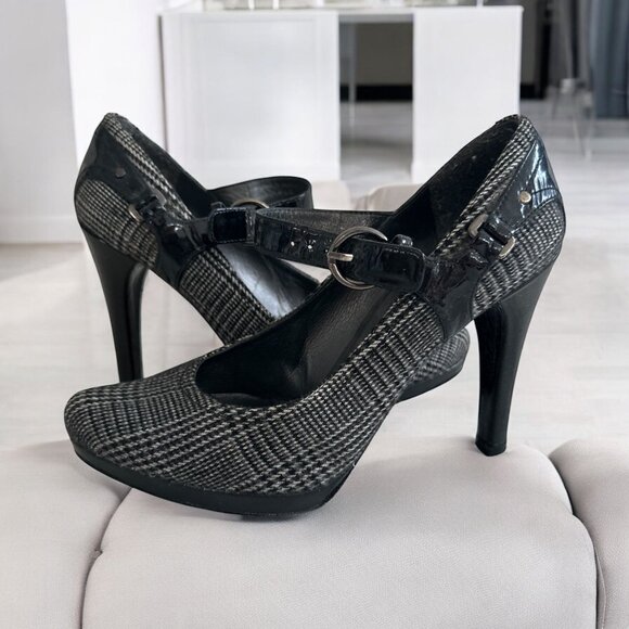 STUART WEITZMAN Glenplaid Gray Black Mary Janes Heels Size 7.5 - Picture 1 of 10